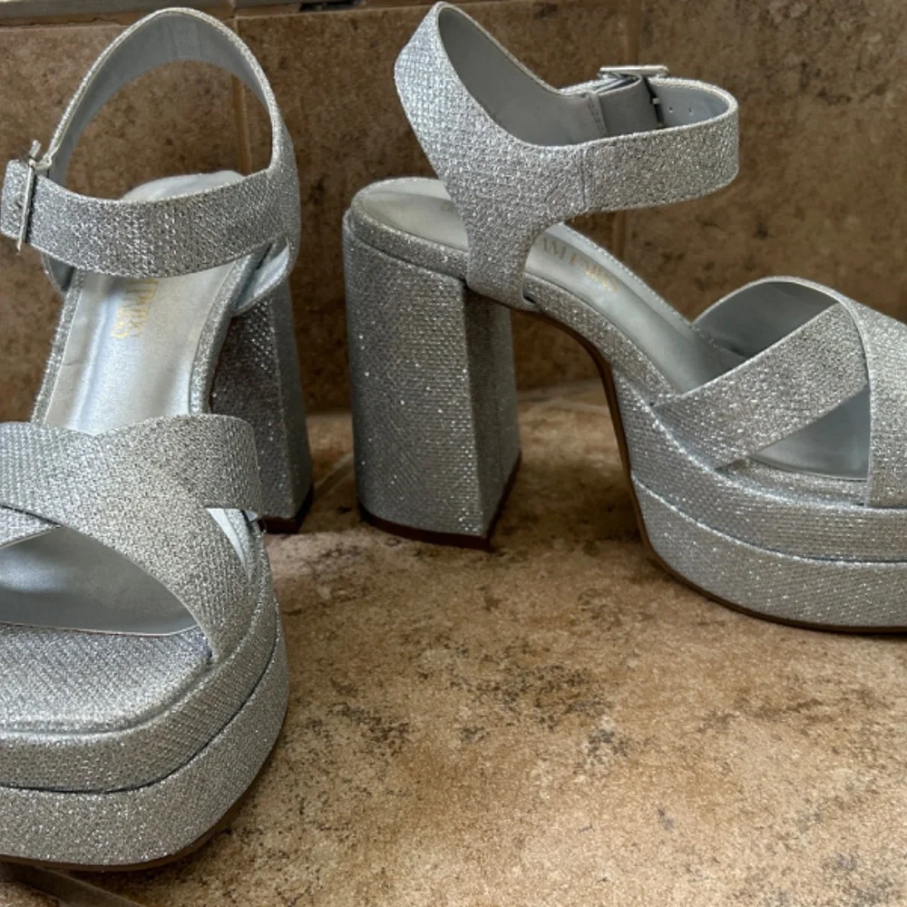 Silver Glitter Platform Sandals - Women's Dress Heels